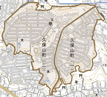 久保山町とその周辺の地図。町の範囲を重ねている