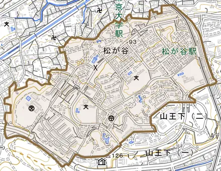 松が谷とその周辺の地図。町の範囲を重ねている