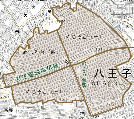 めじろ台とその周辺の地図。町の範囲を重ねている