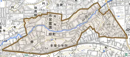 緑町とその周辺の地図。町の範囲を重ねている