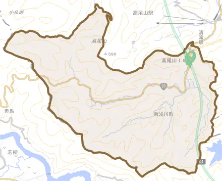 南浅川町とその周辺の地図。町の範囲を重ねている
