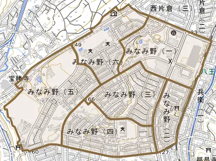 みなみ野とその周辺の地図。町の範囲を重ねている