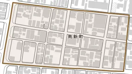 南新町とその周辺の地図。町の範囲を重ねている