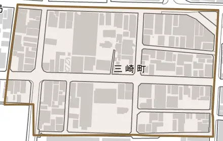 三崎町とその周辺の地図。町の範囲を重ねている