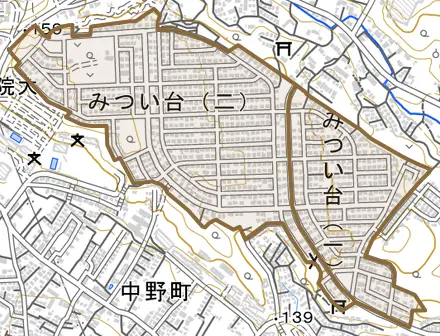 みつい台とその周辺の地図。町の範囲を重ねている
