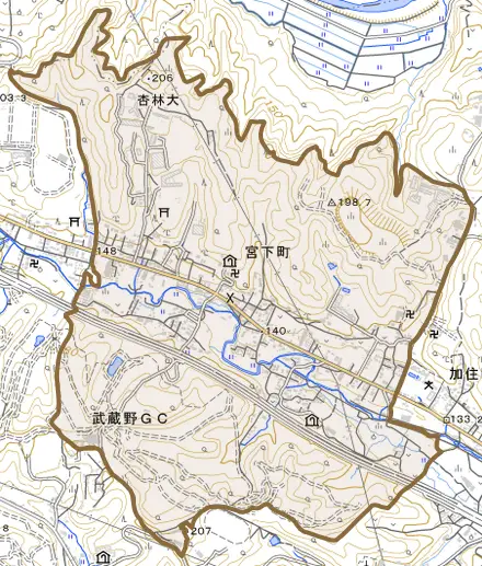 宮下町とその周辺の地図。町の範囲を重ねている
