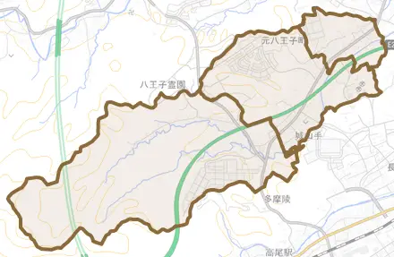 元八王子町とその周辺の地図。町の範囲を重ねている