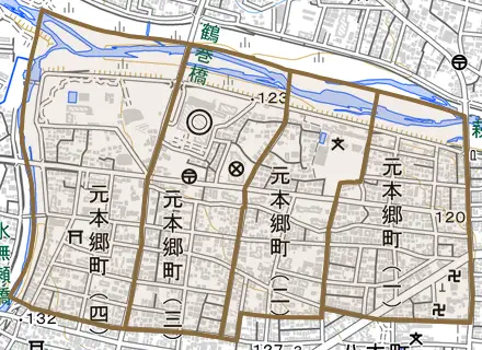 元本郷町とその周辺の地図。町の範囲を重ねている