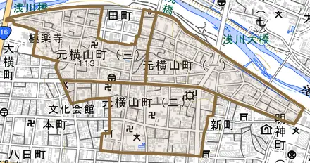 元横山町とその周辺の地図。町の範囲を重ねている
