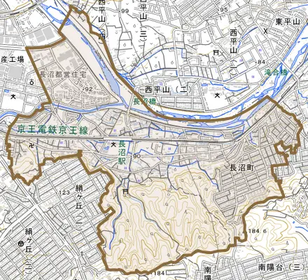 長沼町とその周辺の地図。町の範囲を重ねている