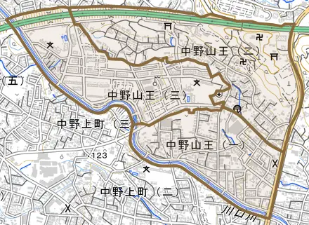 中野山王とその周辺の地図。町の範囲を重ねている