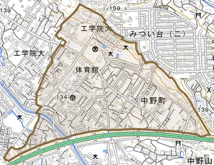中野町とその周辺の地図。町の範囲を重ねている
