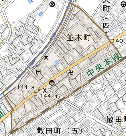 並木町とその周辺の地図。町の範囲を重ねている