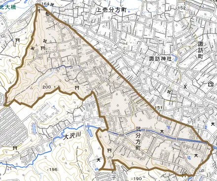 弐分方町とその周辺の地図。町の範囲を重ねている