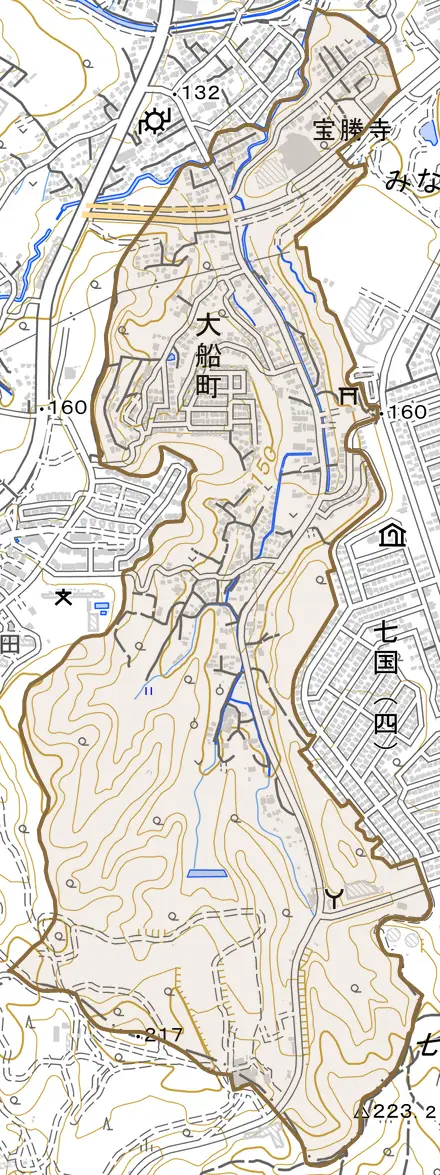 大船町とその周辺の地図。町の範囲を重ねている