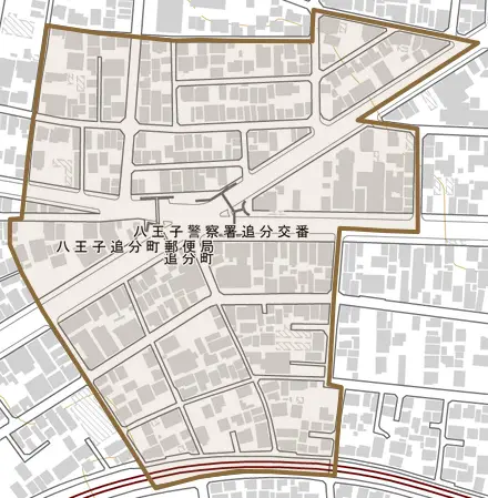 追分町とその周辺の地図。町の範囲を重ねている