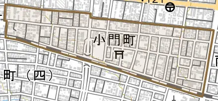 小門町とその周辺の地図。町の範囲を重ねている