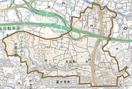 大谷町とその周辺の地図。町の範囲を重ねている