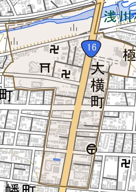 大横町とその周辺の地図。町の範囲を重ねている