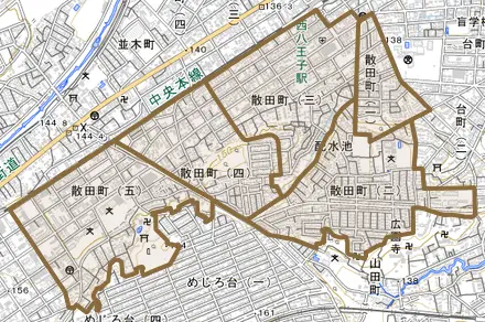 散田町とその周辺の地図。町の範囲を重ねている