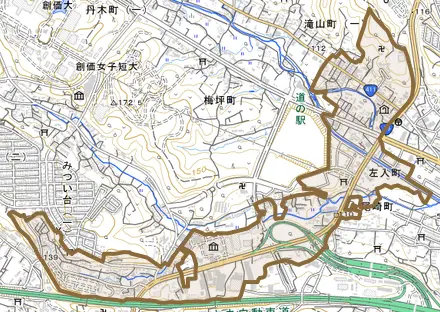 左入町とその周辺の地図。町の範囲を重ねている