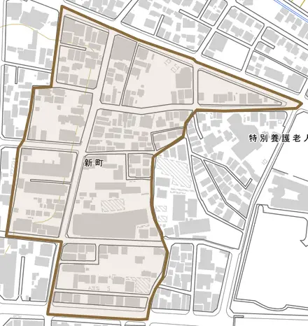 新町とその周辺の地図。町の範囲を重ねている