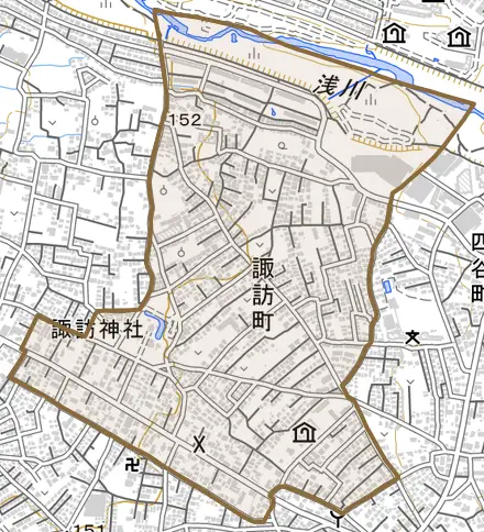 諏訪町とその周辺の地図。町の範囲を重ねている