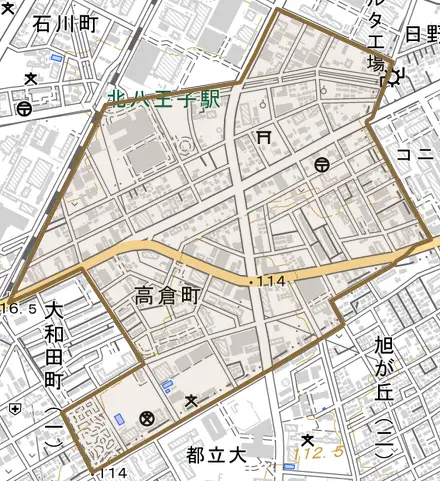 高倉町とその周辺の地図。町の範囲を重ねている
