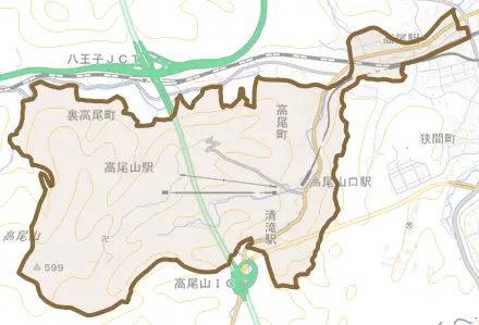 高尾町とその周辺の地図。町の範囲を重ねている