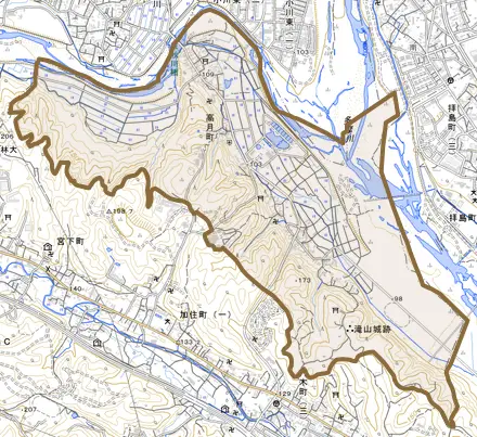 高月町とその周辺の地図。町の範囲を重ねている