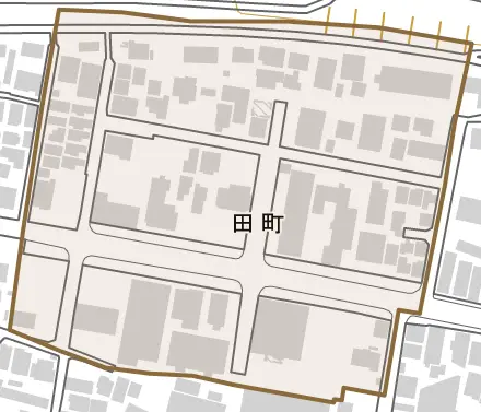 田町とその周辺の地図。町の範囲を重ねている
