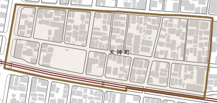 天神町とその周辺の地図。町の範囲を重ねている