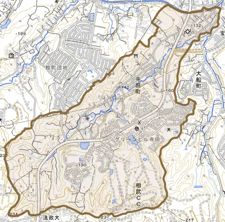 寺田町とその周辺の地図。町の範囲を重ねている