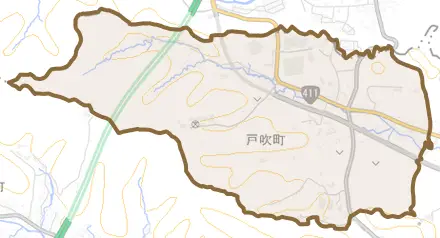 戸吹町とその周辺の地図。町の範囲を重ねている