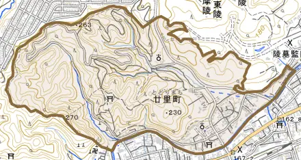 廿里町とその周辺の地図。町の範囲を重ねている