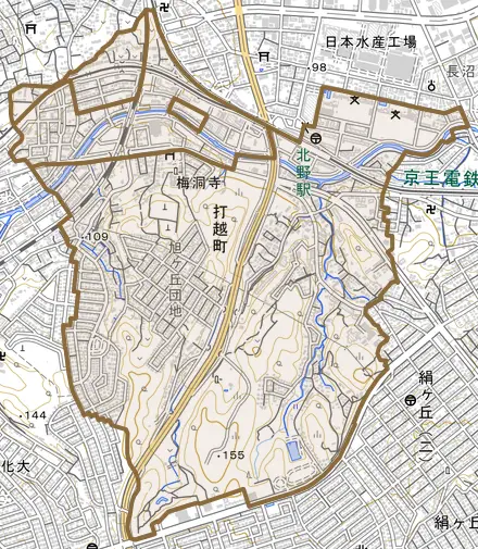打越町とその周辺の地図。町の範囲を重ねている