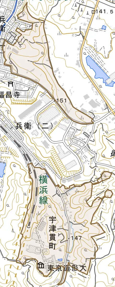 宇津貫町とその周辺の地図。町の範囲を重ねている