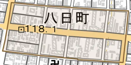 八日町とその周辺の地図。町の範囲を重ねている
