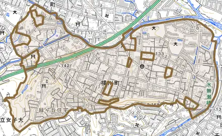 横川町とその周辺の地図。町の範囲を重ねている