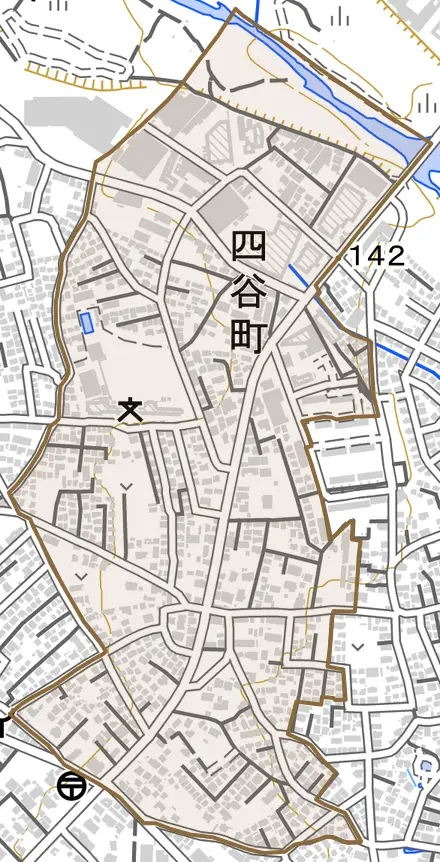 四谷町とその周辺の地図。町の範囲を重ねている