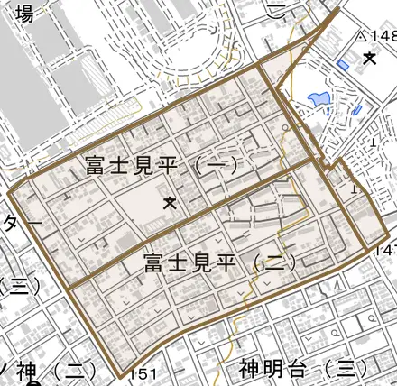富士見平とその周辺の地図。町の範囲を重ねている