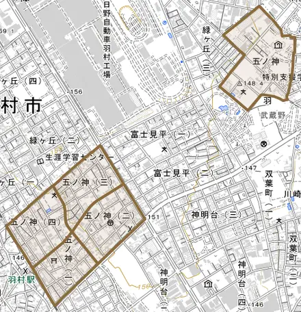 五ノ神とその周辺の地図。町の範囲を重ねている