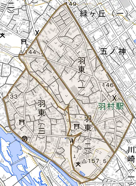 羽東とその周辺の地図。町の範囲を重ねている