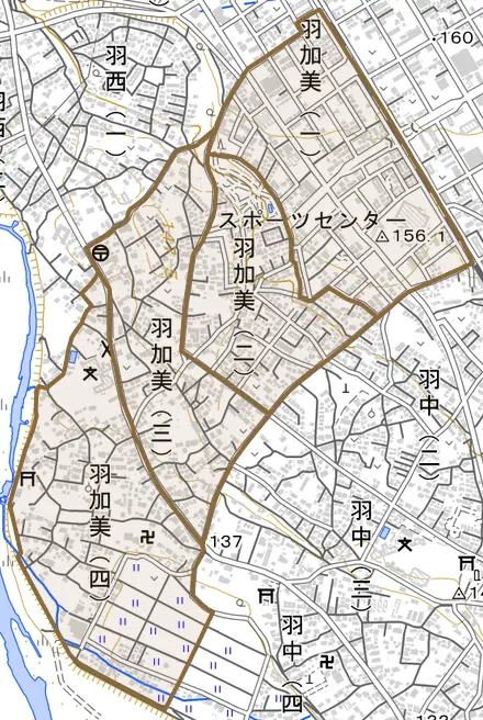 羽加美とその周辺の地図。町の範囲を重ねている