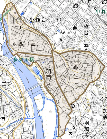 羽西とその周辺の地図。町の範囲を重ねている