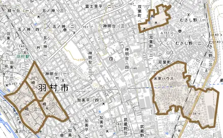 川崎とその周辺の地図。町の範囲を重ねている