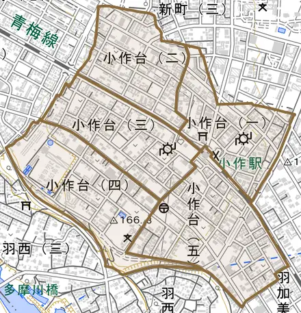 小作台とその周辺の地図。町の範囲を重ねている