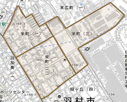 栄町とその周辺の地図。町の範囲を重ねている