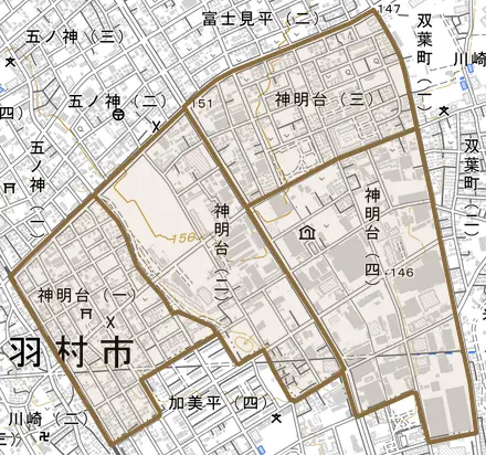 神明台とその周辺の地図。町の範囲を重ねている