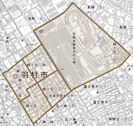 緑ヶ丘とその周辺の地図。町の範囲を重ねている